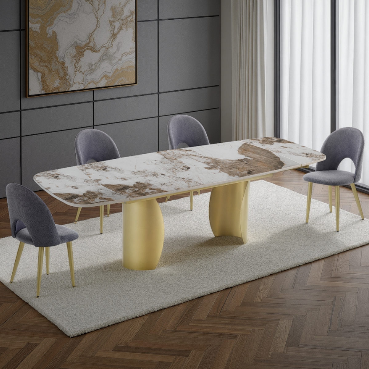 Table extensible Claw 1 métal champagne mat plateau en céramique marbre onyx, 180-220-260 x 89 cm