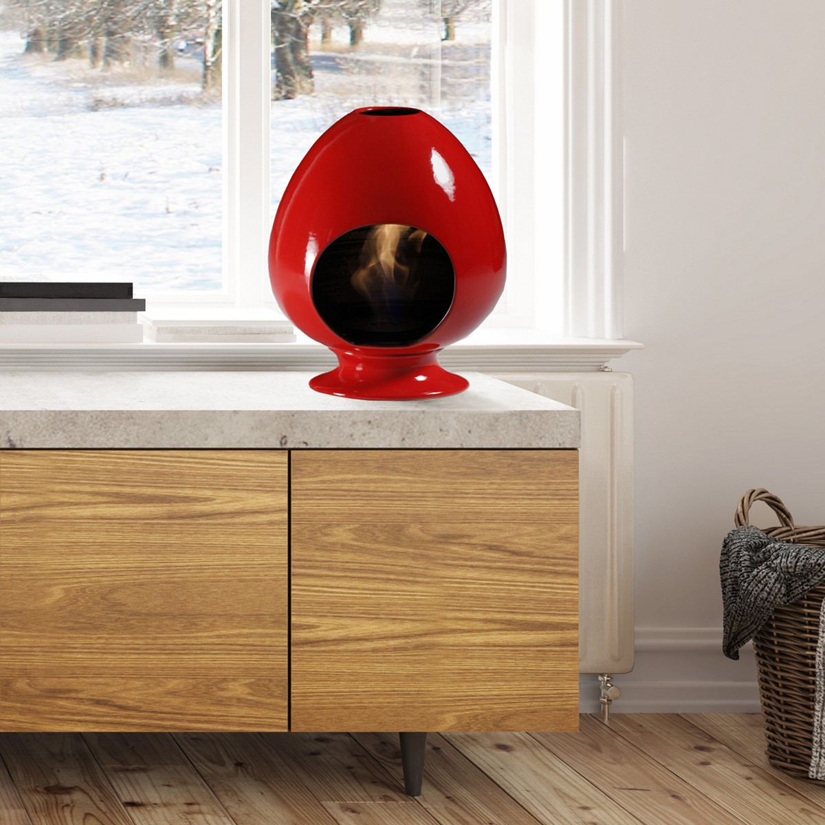 Cheminée bioéthanol en céramique Pigna rouge. fabriquée à la main. sans conduit de fumée. 50 cm de haut. 35 cm de large. fabriquée en Italie