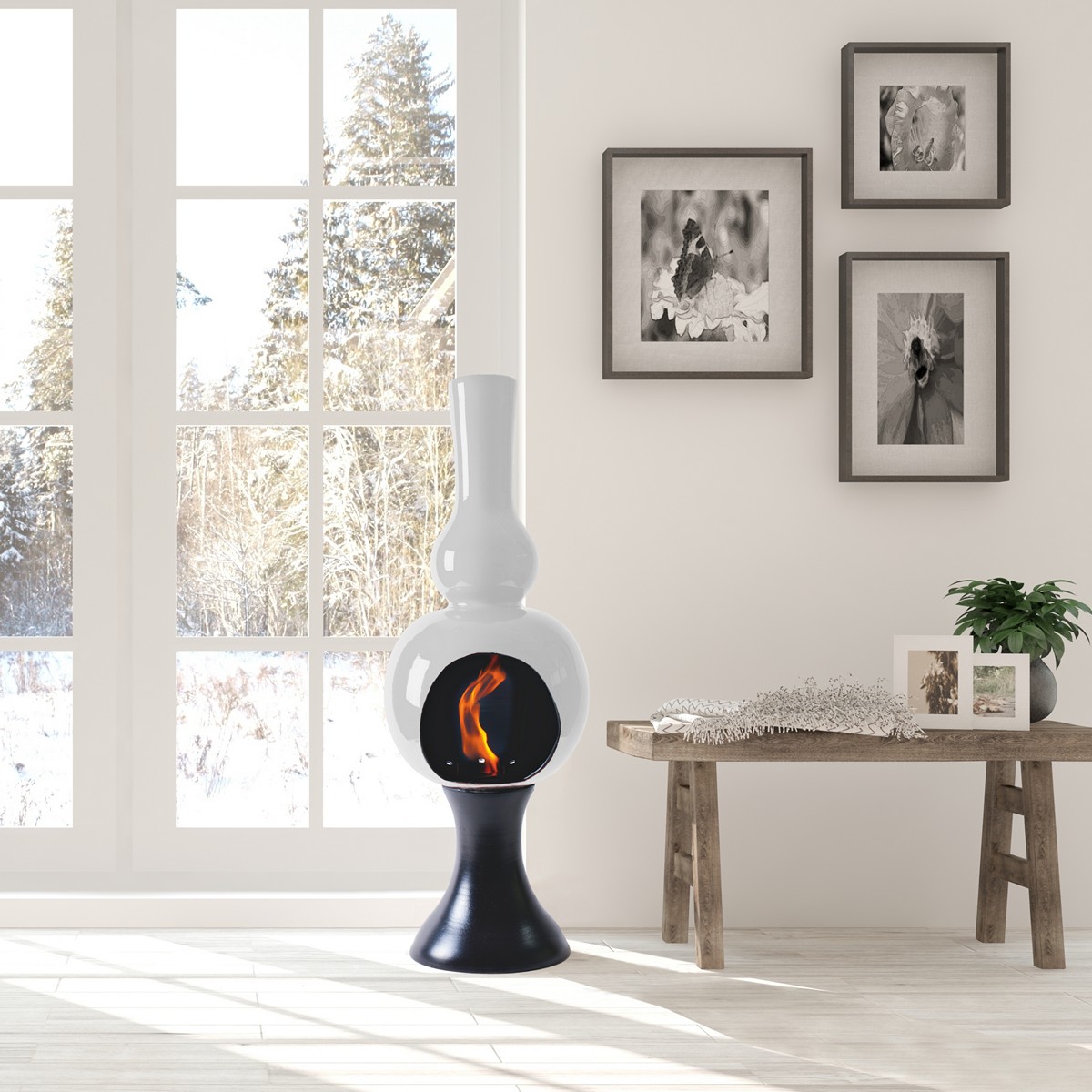 Onda White. une cheminée artisanale en céramique fonctionnant au bioéthanol et ne nécessitant pas de conduit de cheminée. de 95 cm de haut et 30 cm de large. fabriquée en Italie.