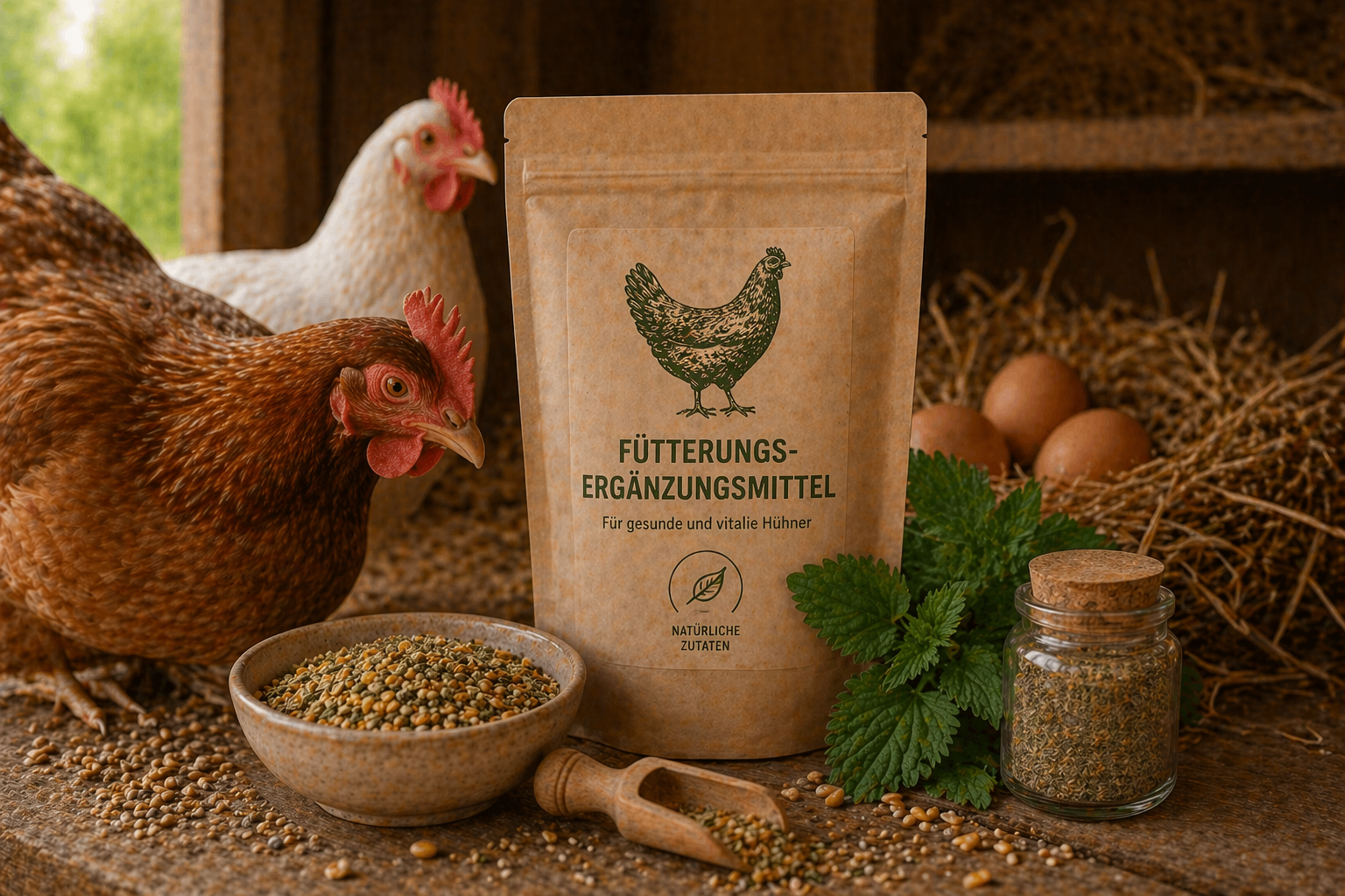 Futterzusatz für Hühner mit natürlichen Kräutern und Körnern im Hühnerstall