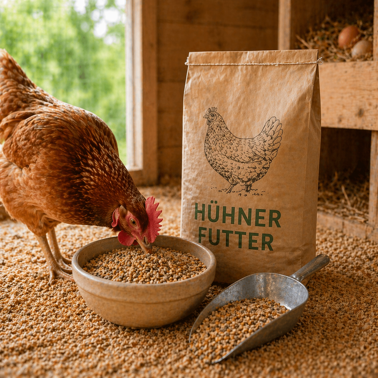 Huhn frisst Körnerfutter aus Schale im Hühnerstall