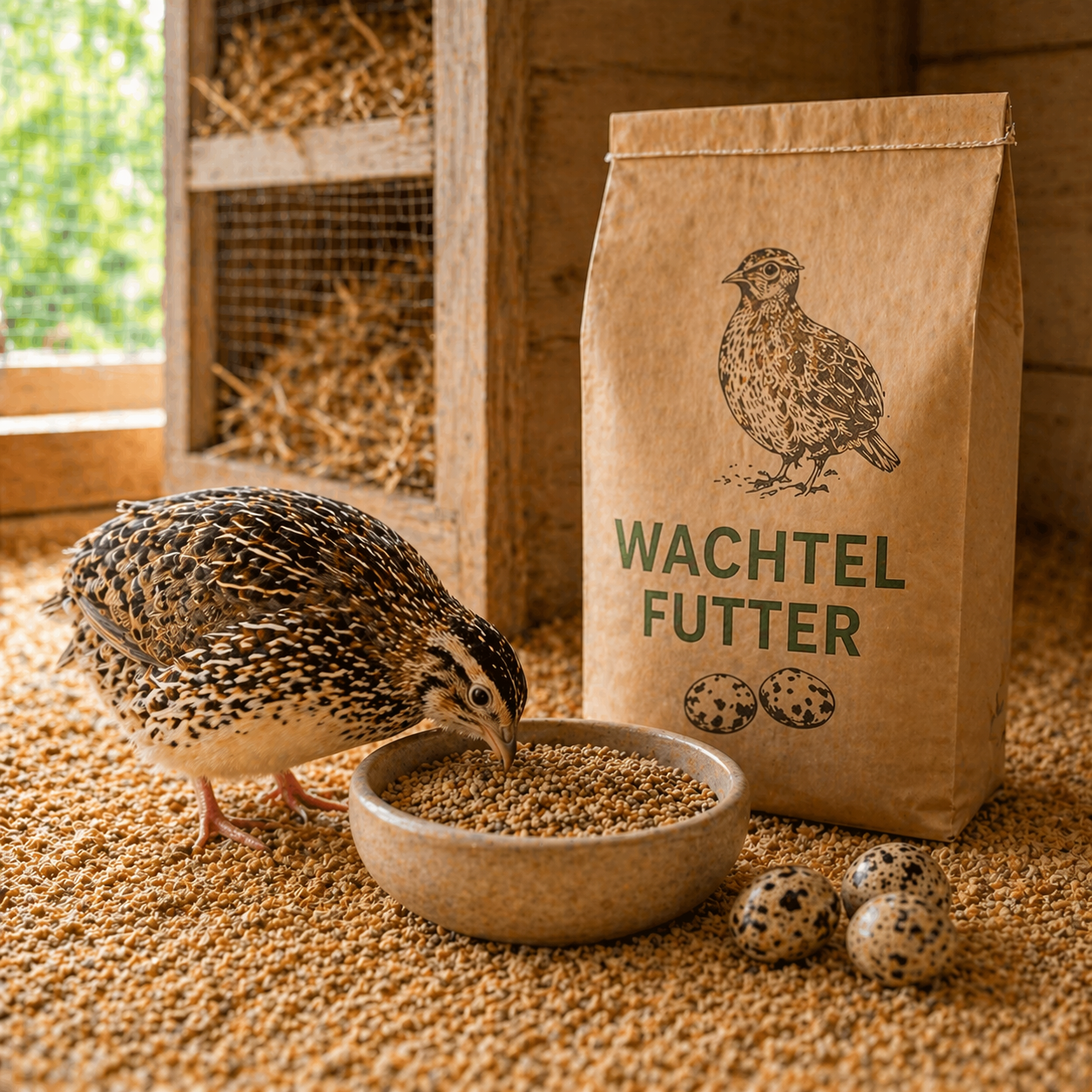 Wachtel frisst Körnerfutter aus Schale im Stall