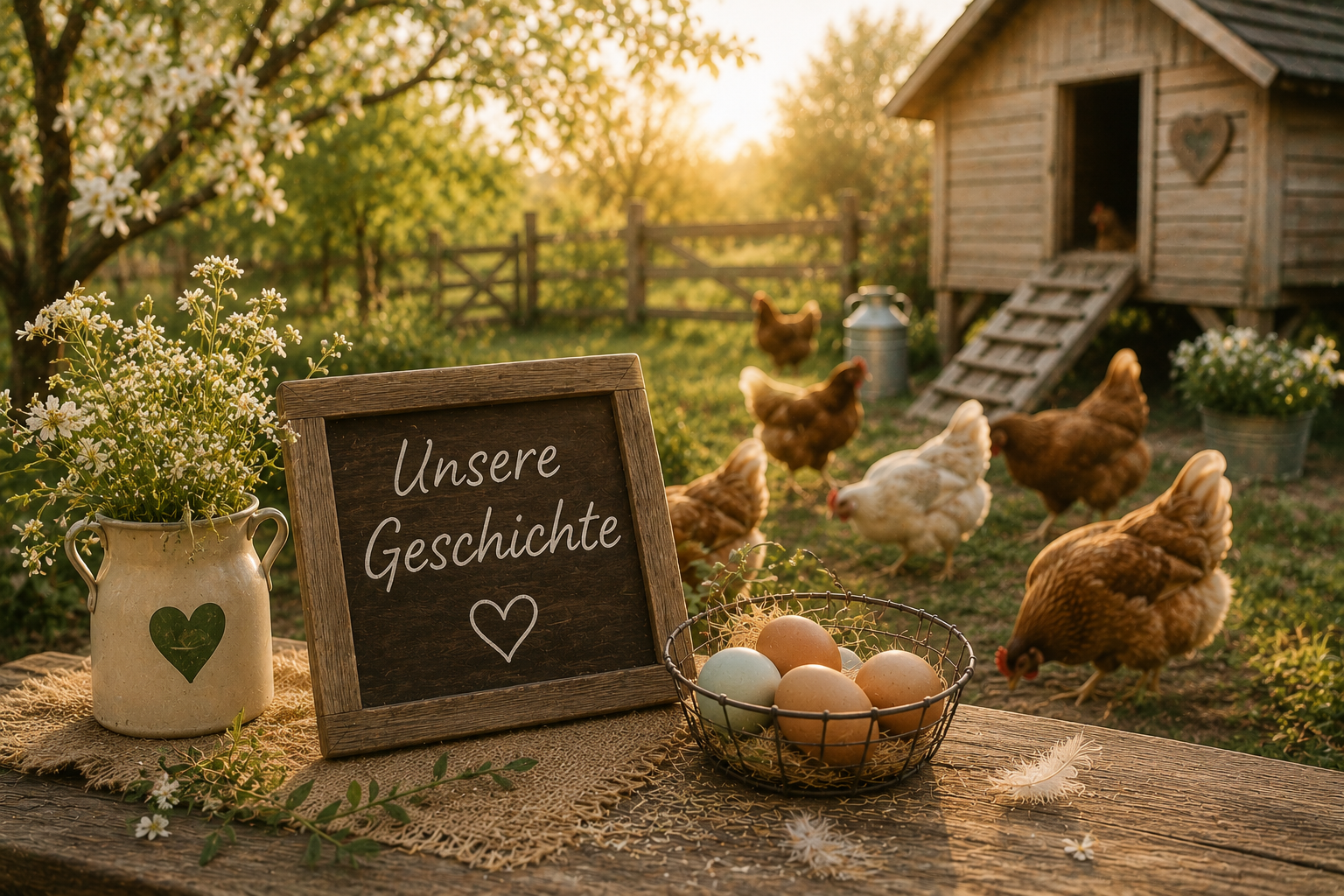 Unsere Geschichte über Hühnerhaltung und das Leben auf dem Bauernhof mit freilaufenden Hühnern und Hühnerstall