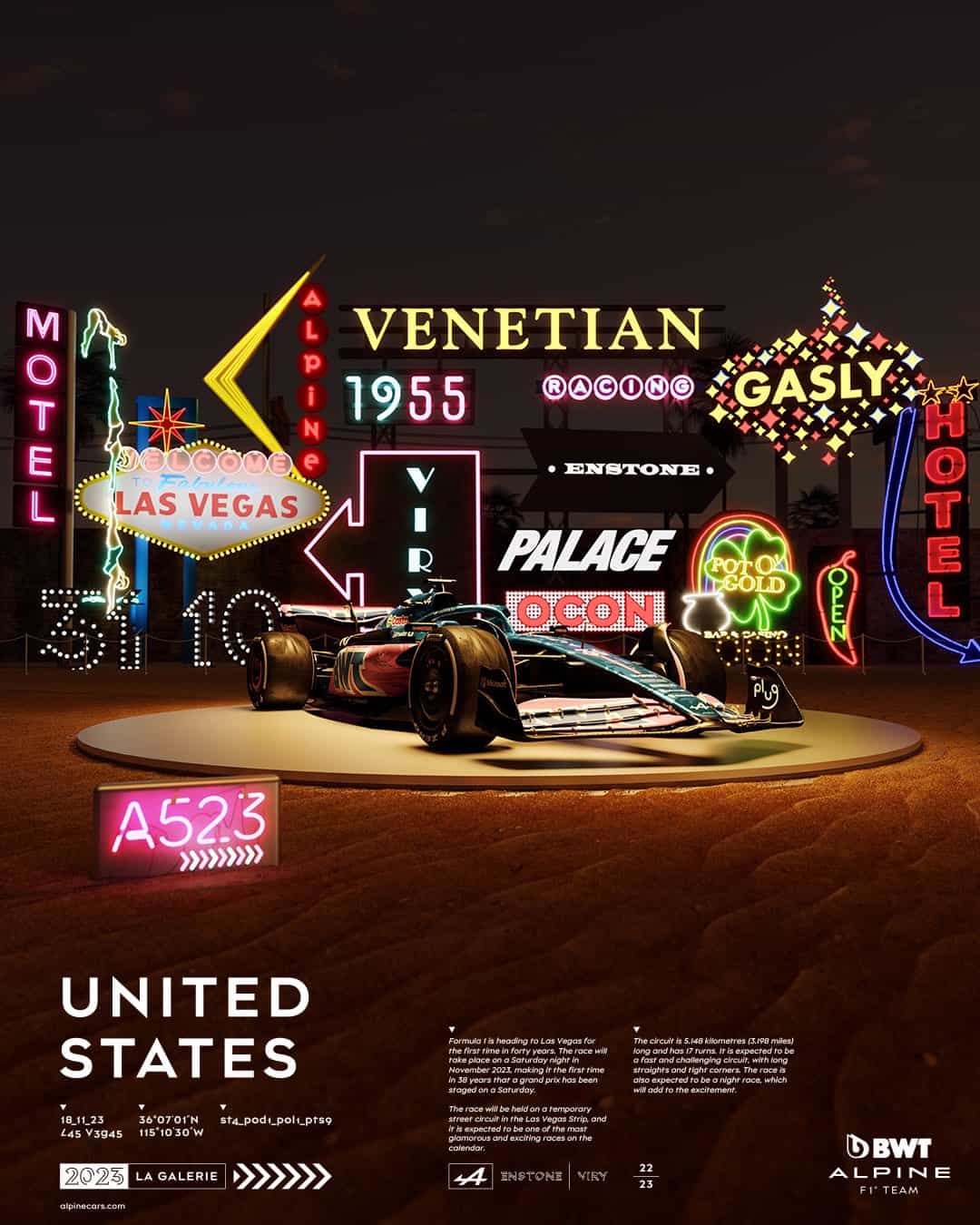 Alpine 2023 Formula 1 Poster at Las Vegas Strip Circuit