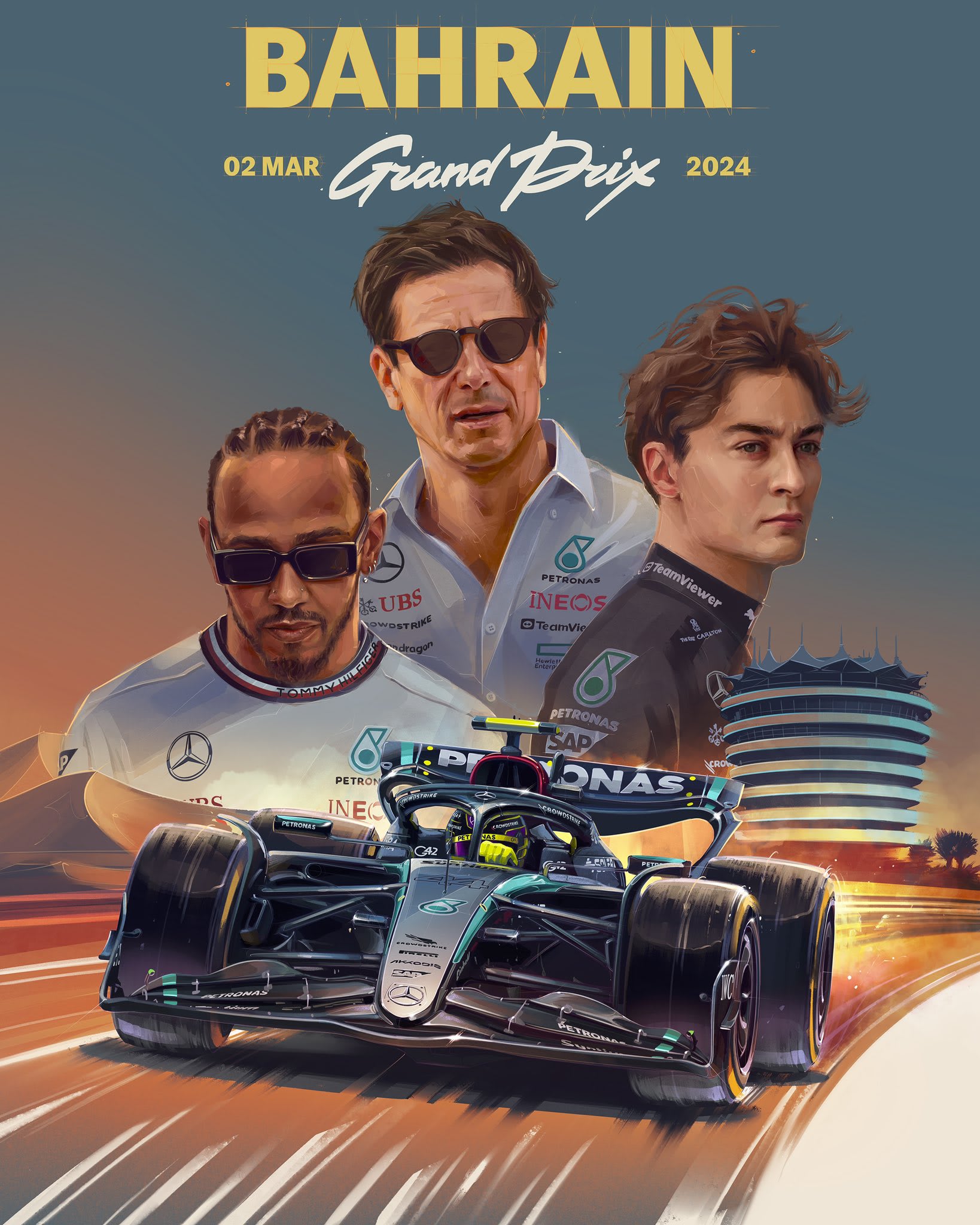 Mercedes AMG Petronas 2024 Formula 1 Poster at Bahrain International Circuit