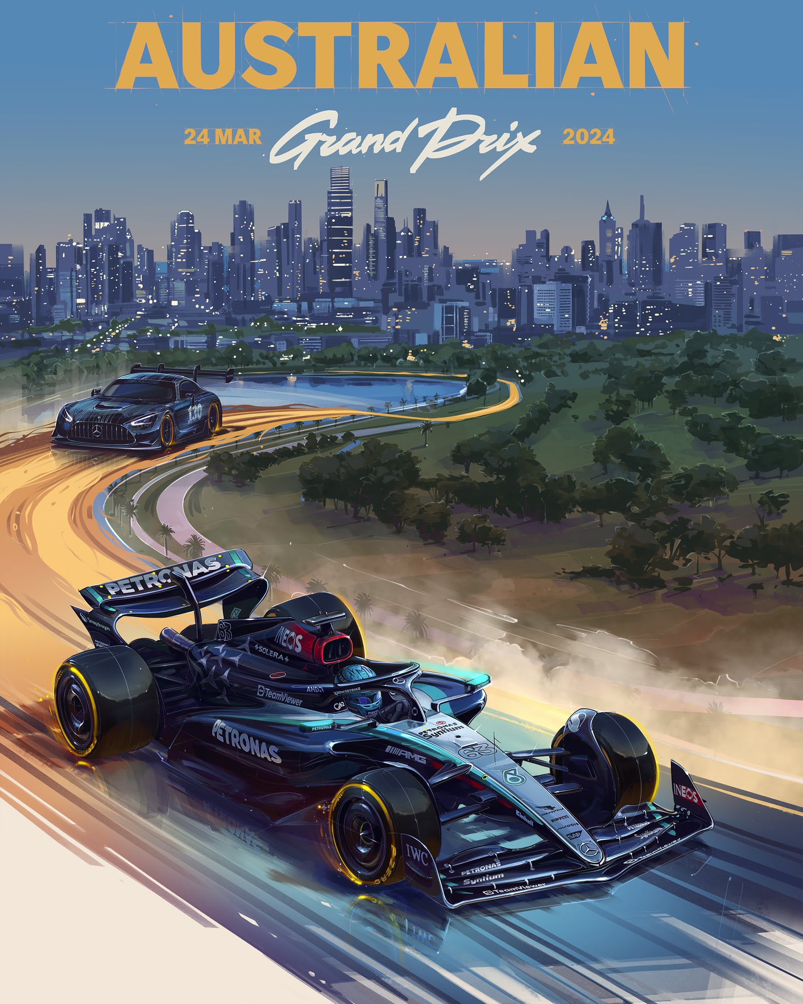 Mercedes AMG Petronas 2024 Formula 1 Poster at Albert Park Circuit