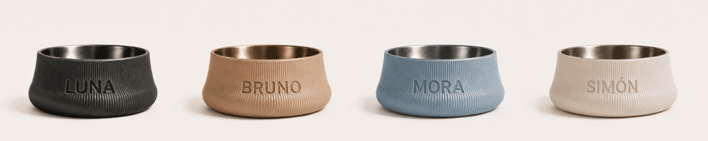 Cuatro bowls personalizados Ouaf en distintos colores