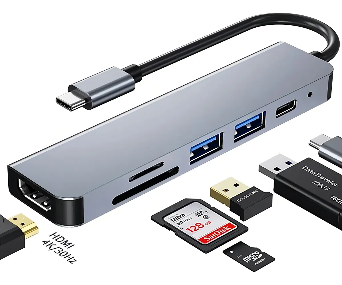 Hub Adaptador USB-C 6 en 1 Dianzi HDMI 2x USB 3.0 SD TF