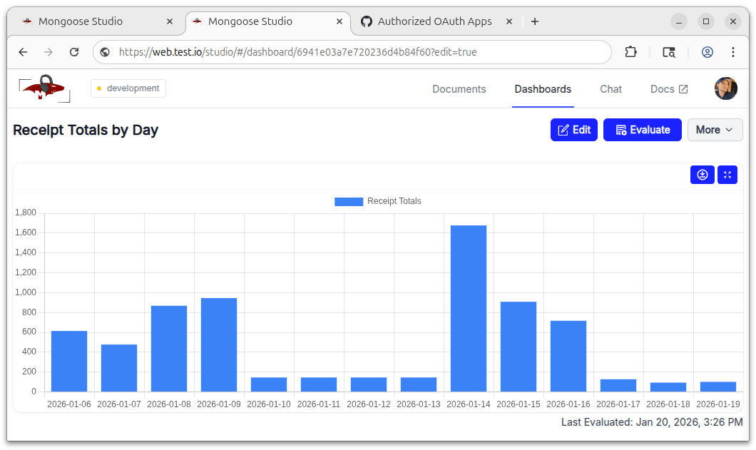 Mongoose Studio charts and dashboards interface