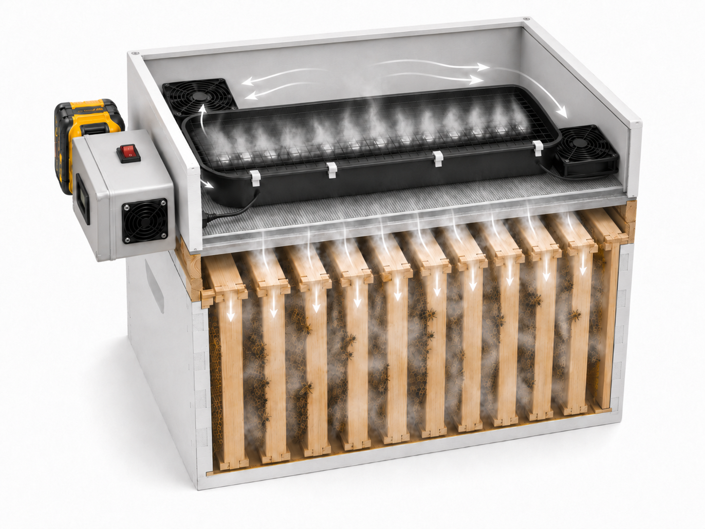 Cross-cut view placeholder showing fog flow through the On-Hive Fogger and hive frames