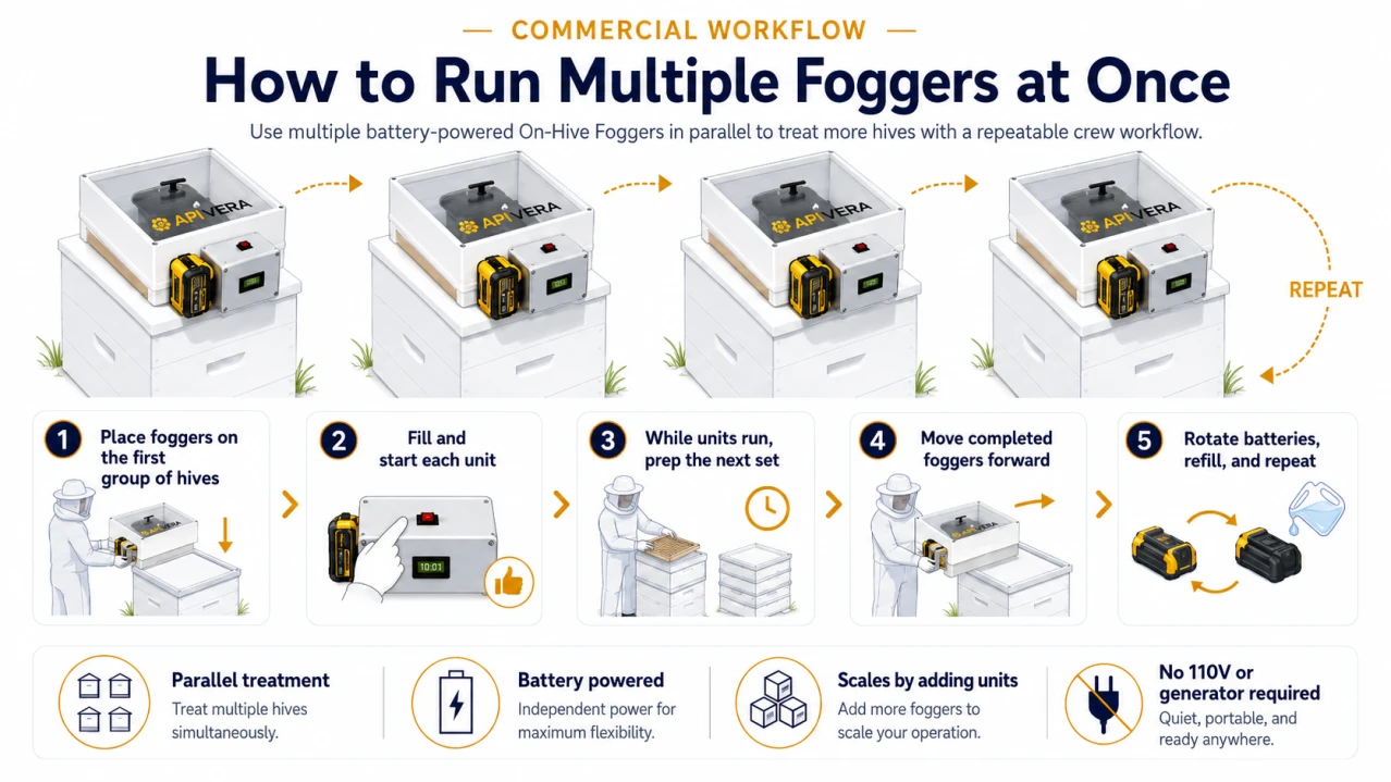 Infographic showing how to run multiple battery-powered On-Hive Foggers at once in a commercial workflow