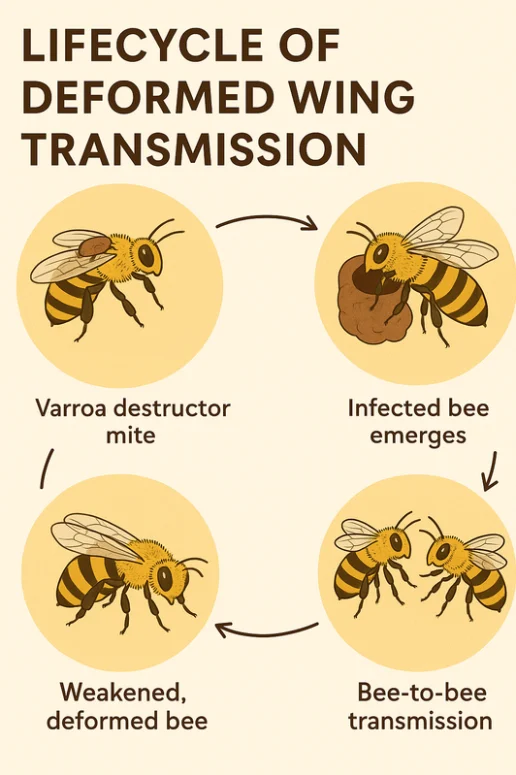 Deformed Wing Viruses are transmitted to bees by parasitic Varroa mites and can cause wing abnormalities and affect neurological functions