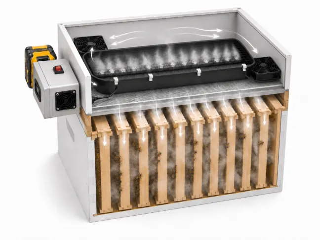 Cross-cut view placeholder showing fog flow through the On-Hive Fogger and hive frames