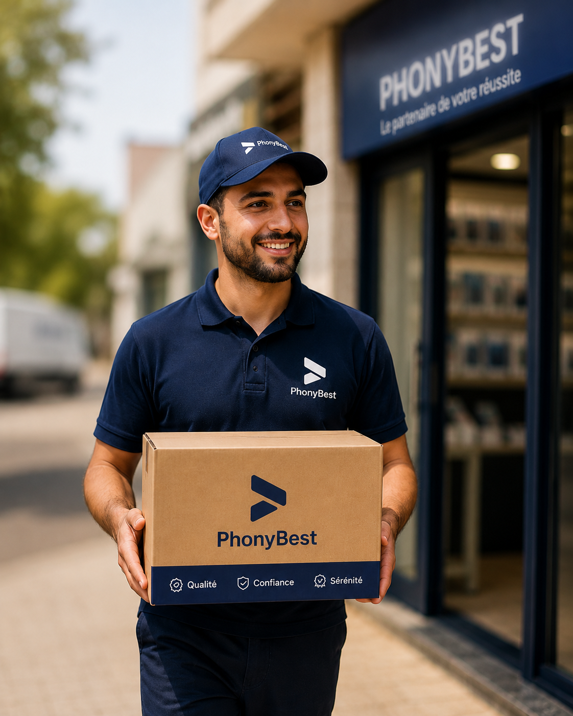 Livreur PhonyBest avec un colis