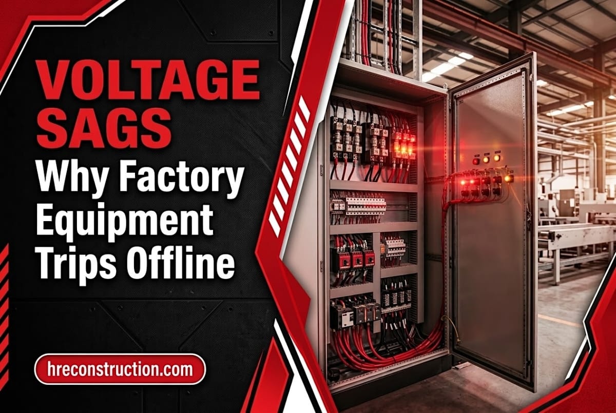 Open factory electrical control panel with wiring and red indicator lights beside Voltage Sags graphic | HRE Construction