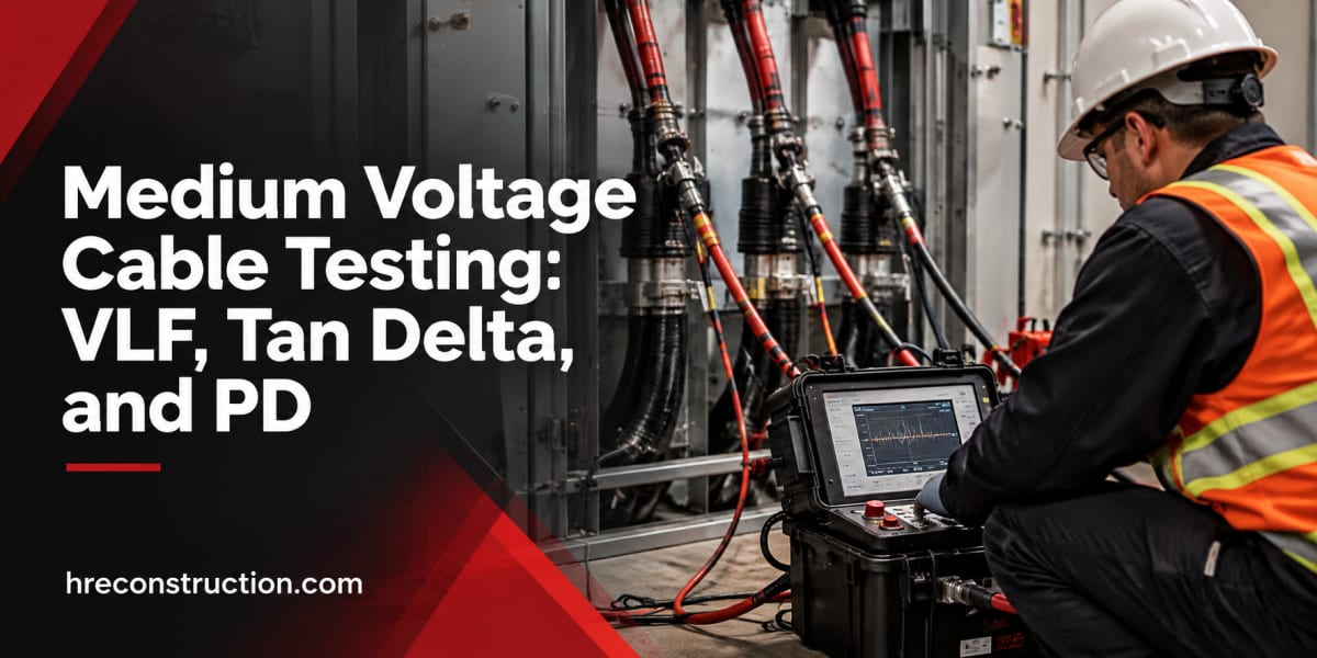 Technician connecting a VLF test set to medium voltage cable terminations inside an industrial switchgear room | HRE Construction