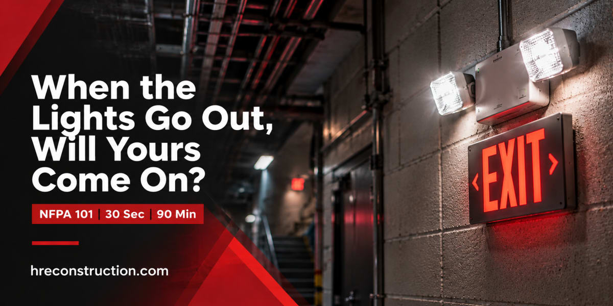 Emergency light fixture with twin lamp heads mounted above an illuminated exit sign in an industrial plant corridor | HRE Construction