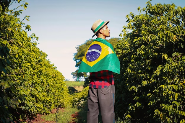 Produtor de café segurando a bandeira do Brasil