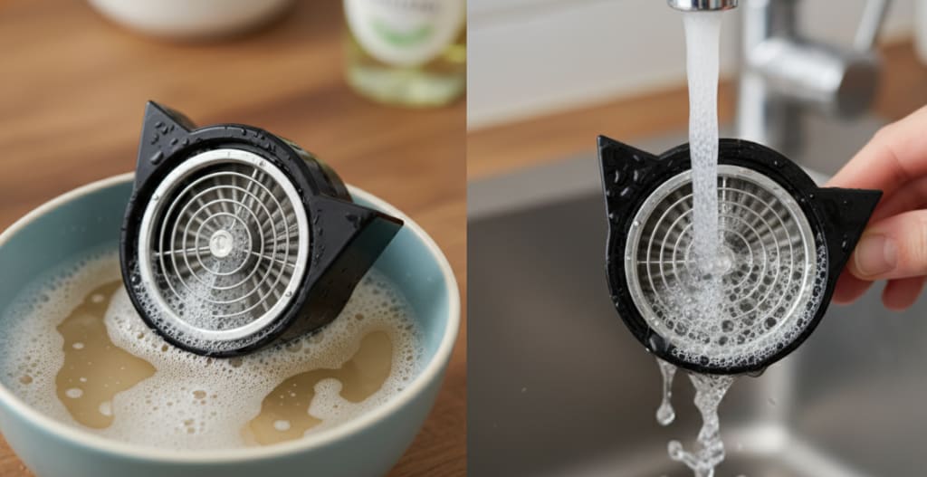Las tapas traseras de plástico/metal se empaparon en agua jabonosa tibia.