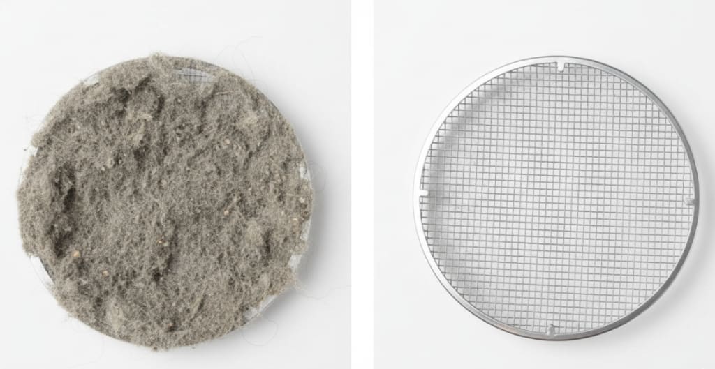 Filtro del secador de pelo antes y después de la limpieza