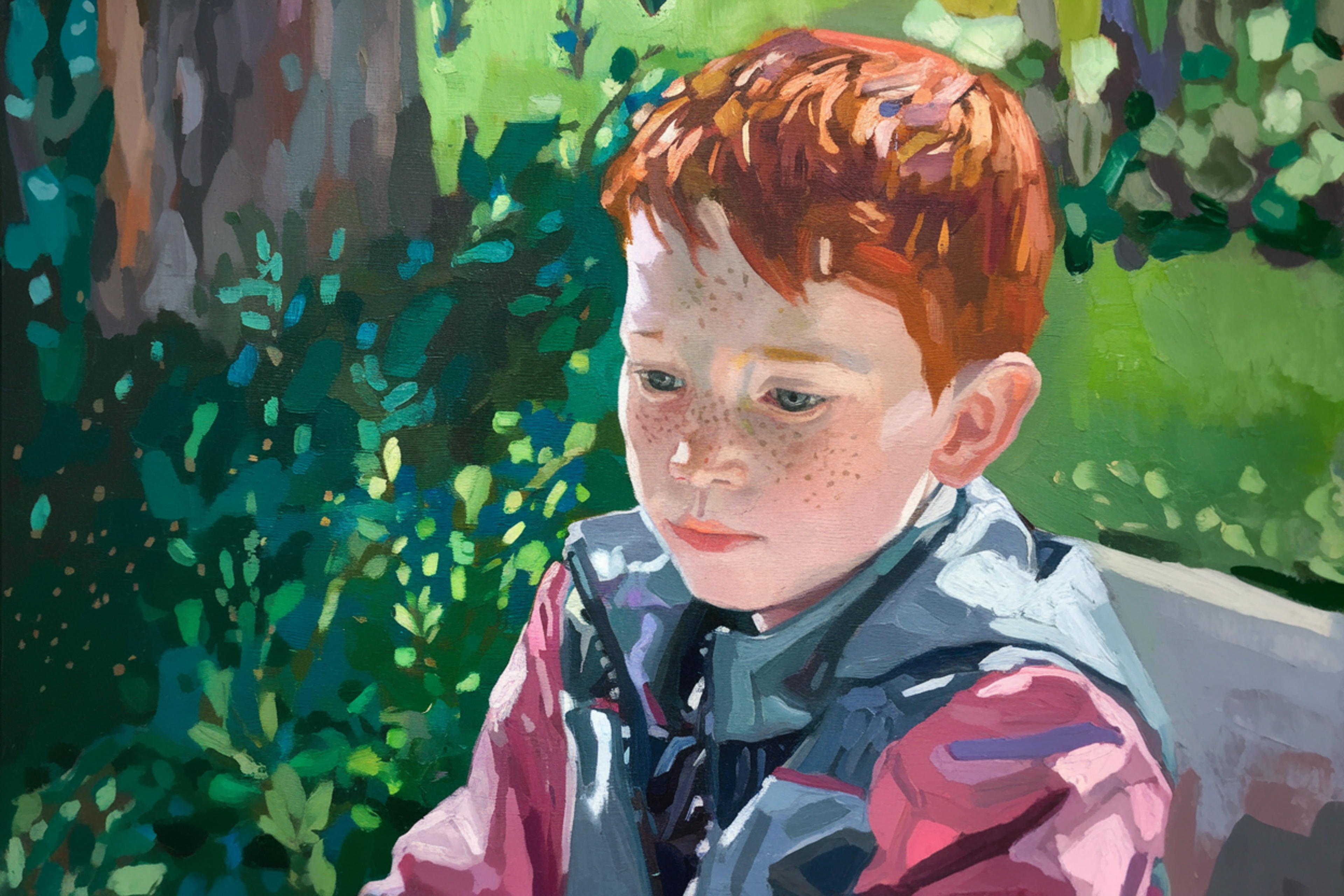 In this mesmerizing oil painting, a young boy with...