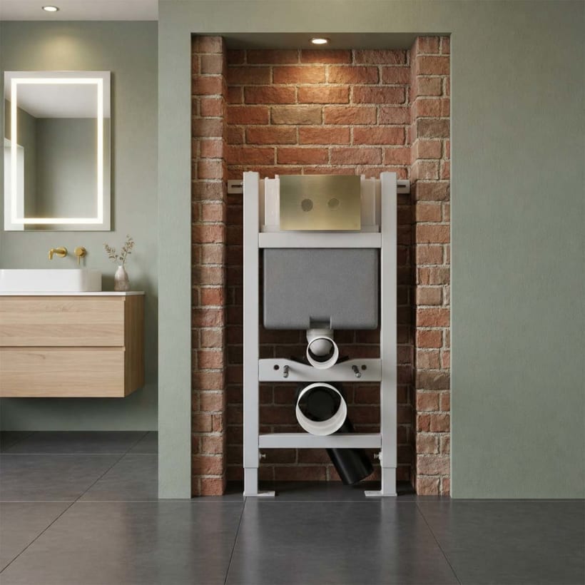 0.820m Concealed Cistern with WC Frame and Brushed Brass Toilet Flush Plate