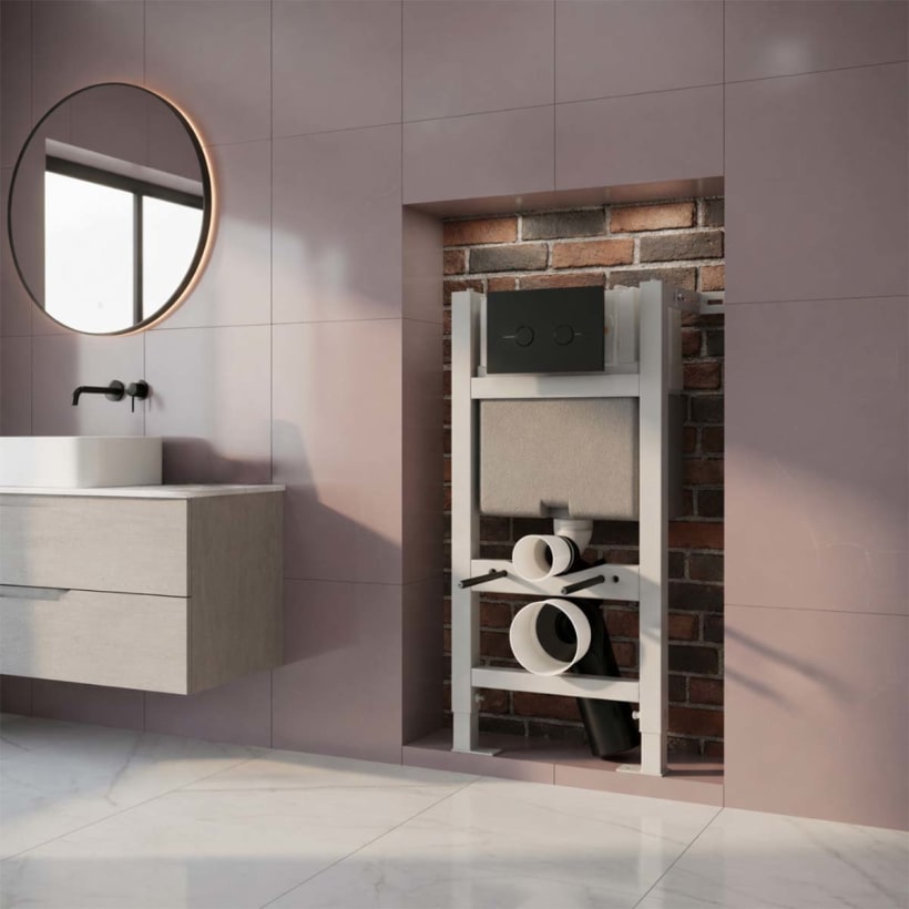 0.820m Concealed Wall Hung WC Cistern with Frame and Matt Black Flush Plate