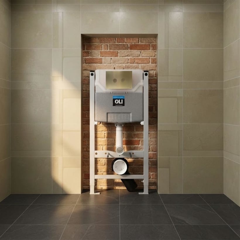 Brushed brass flush plate with toilet cistern frame
