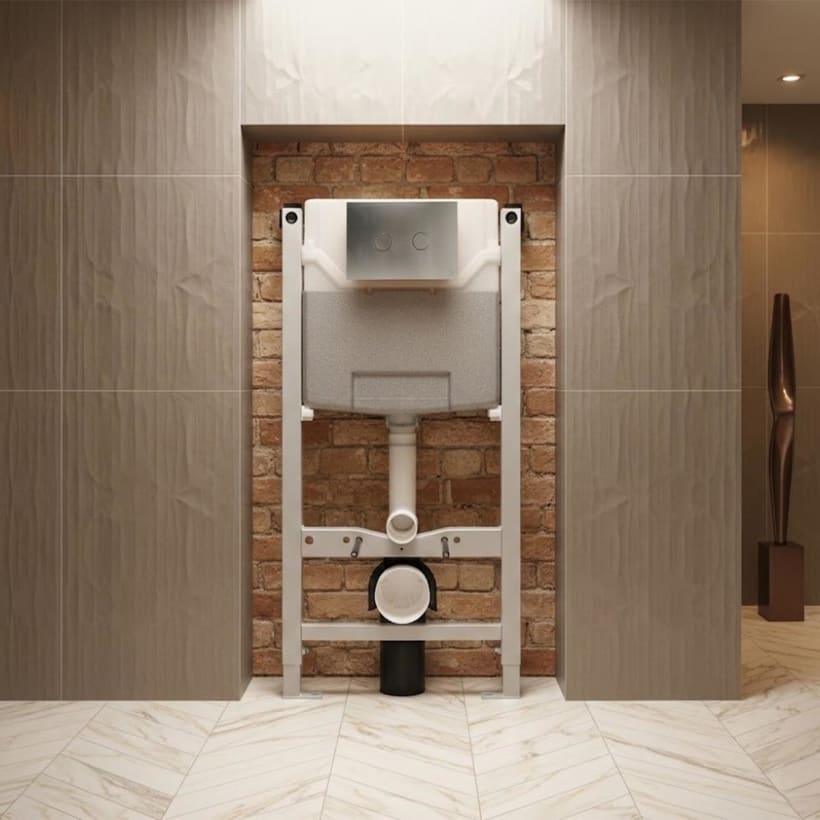 Toilet frame with concealed cistern and steel flush plate