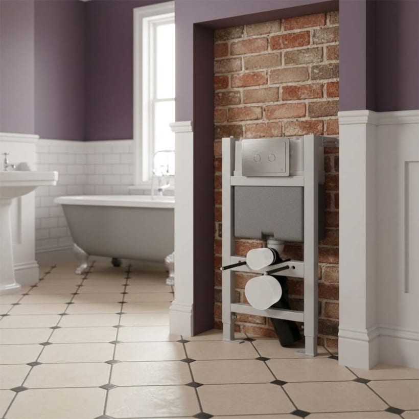0.820m WC Concealed Cistern Frame and Traditional Chrome Pneumatic Flush Plate