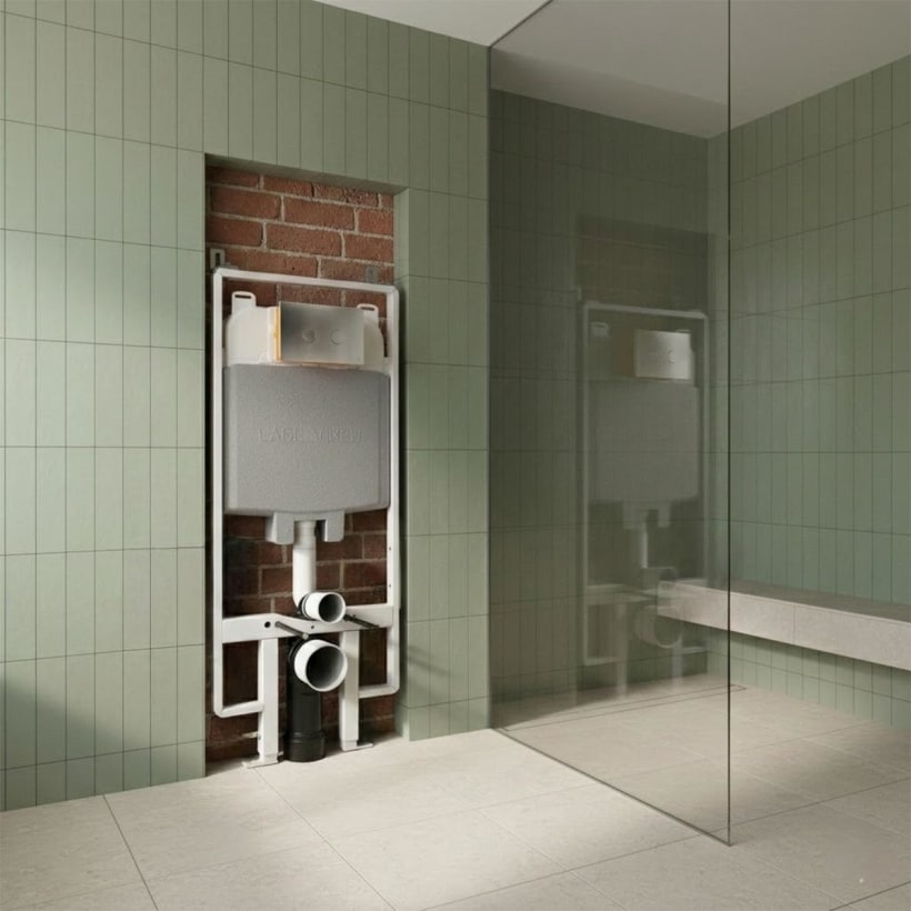 Slimline floor-mounted support frame and cistern with stainless steel flush plate