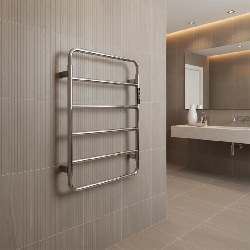 small chrome electric heated bathroom towel radiator rail
