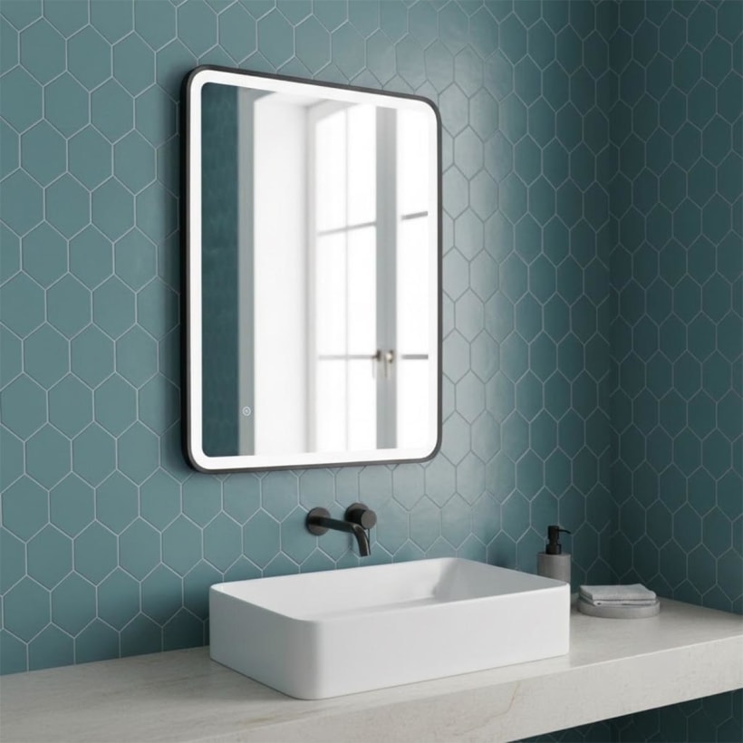 black framed rectangular illuminated bathroom mirror