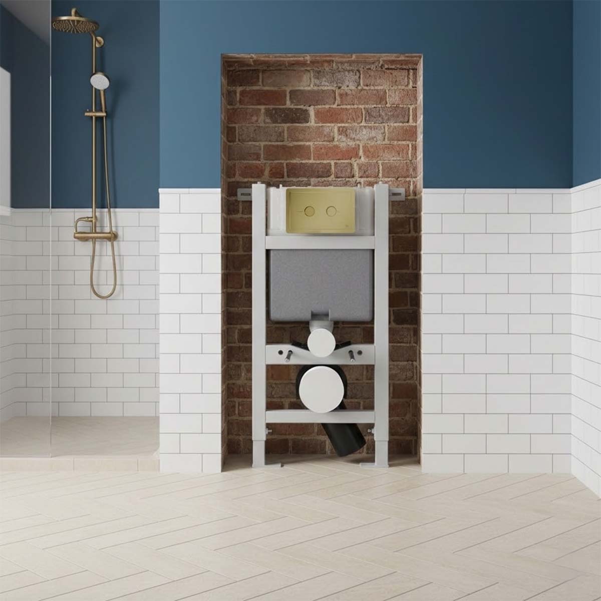concealed cistern with 0.820m with Grosvenor brushed brass dual flush plate