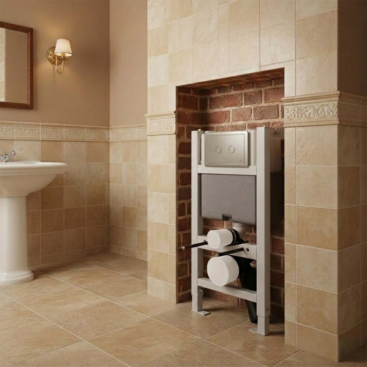 Toilet cistern frame with nickel dual flush plate