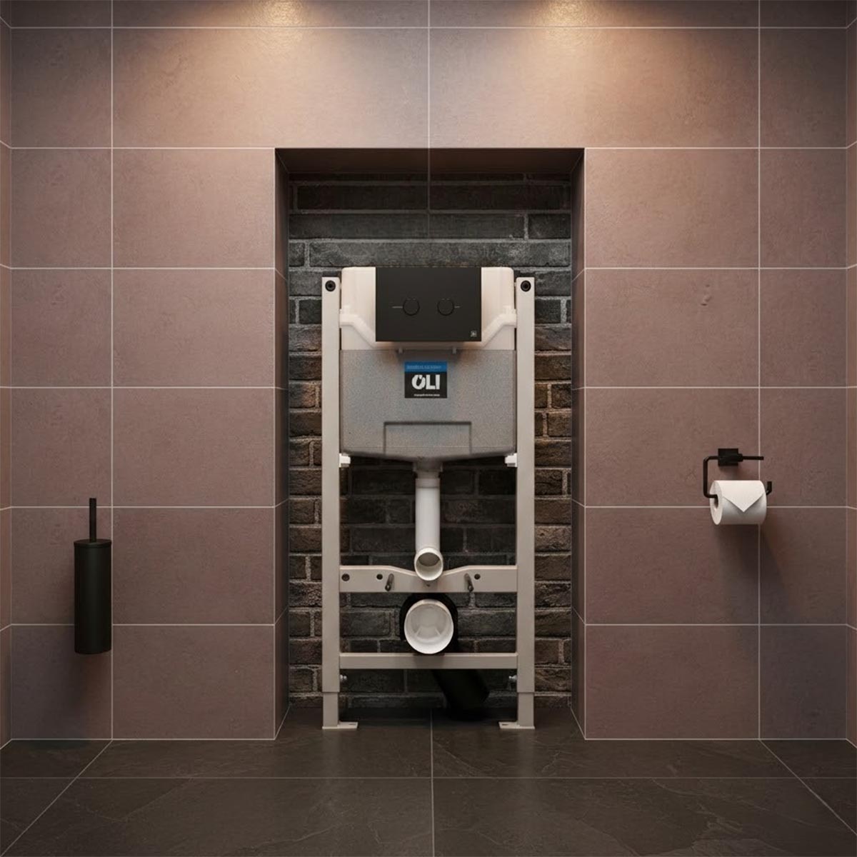 Concealed cistern frame with matt black flush plate