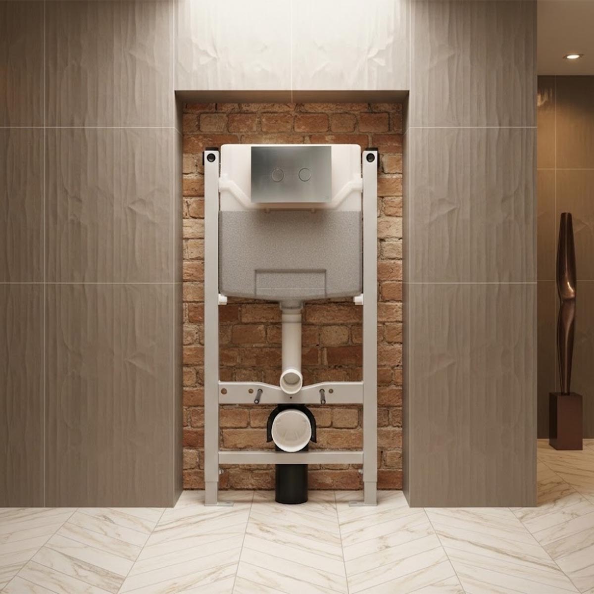 Toilet frame with concealed cistern and steel flush plate