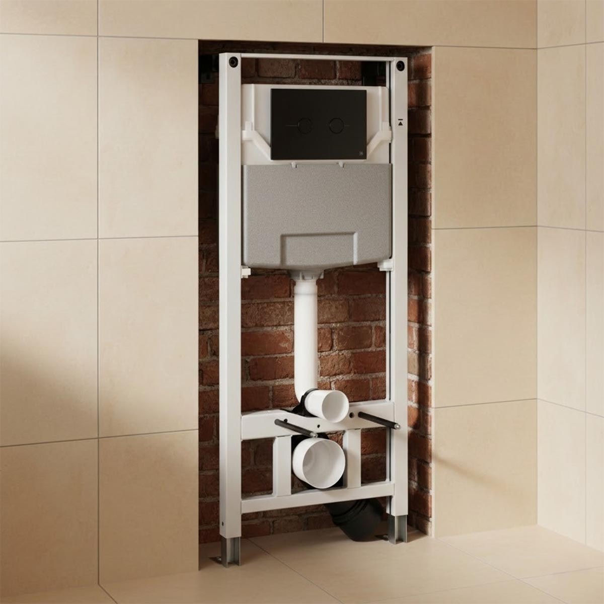 Pre-wall WC cistern frame with matt black flush plate