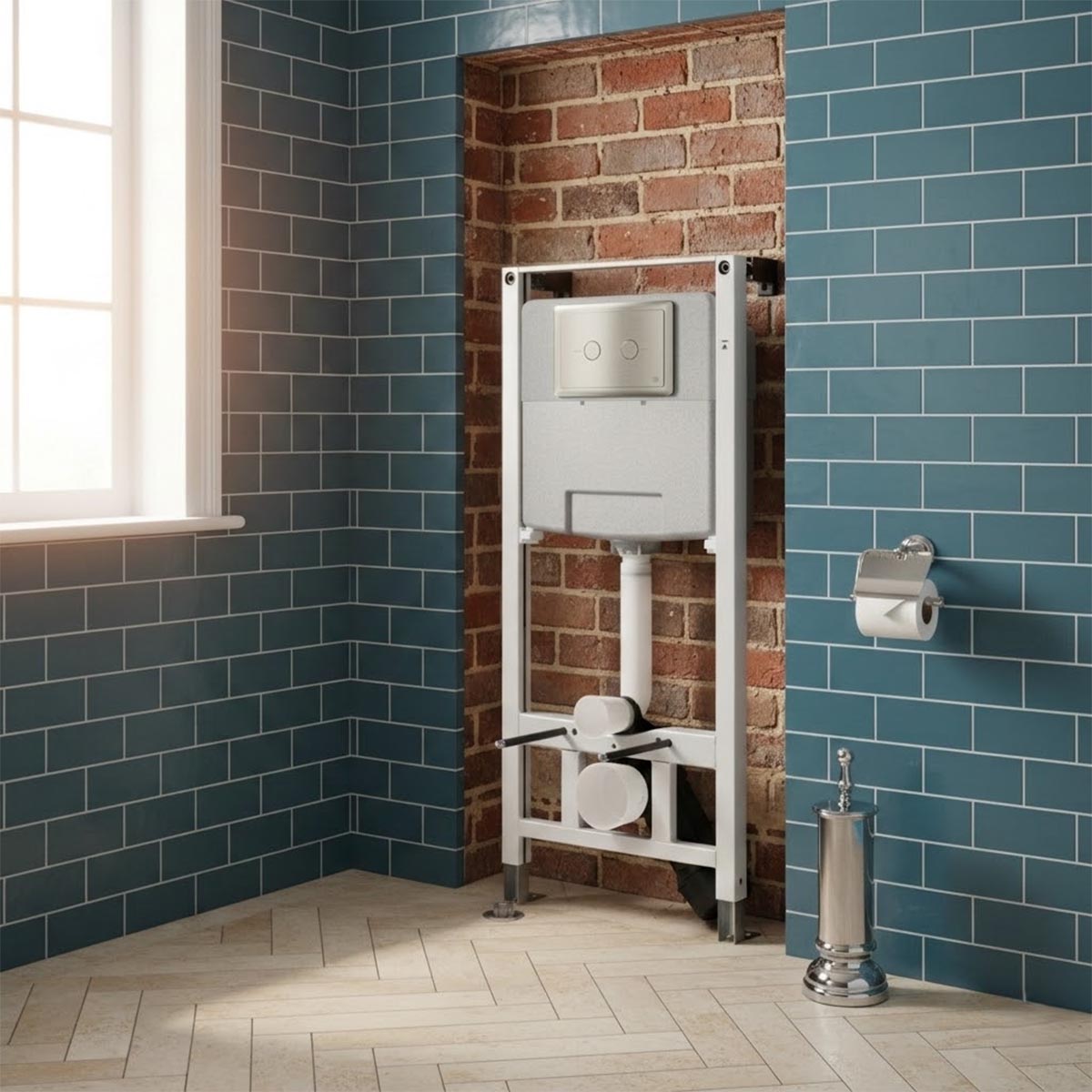 concealed WC cistern with frame and chrome pneumatic flush plate
