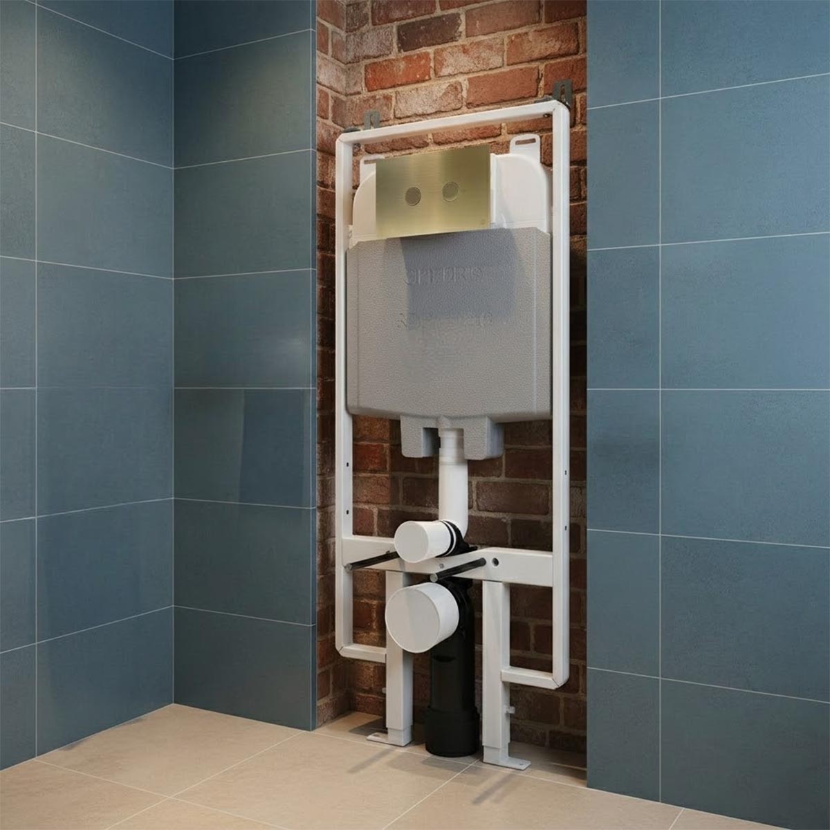 Freestanding slim toilet frame with brushed brass flush plate