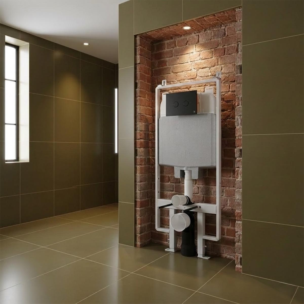 Slim toilet cistern frame with matt black flush plate