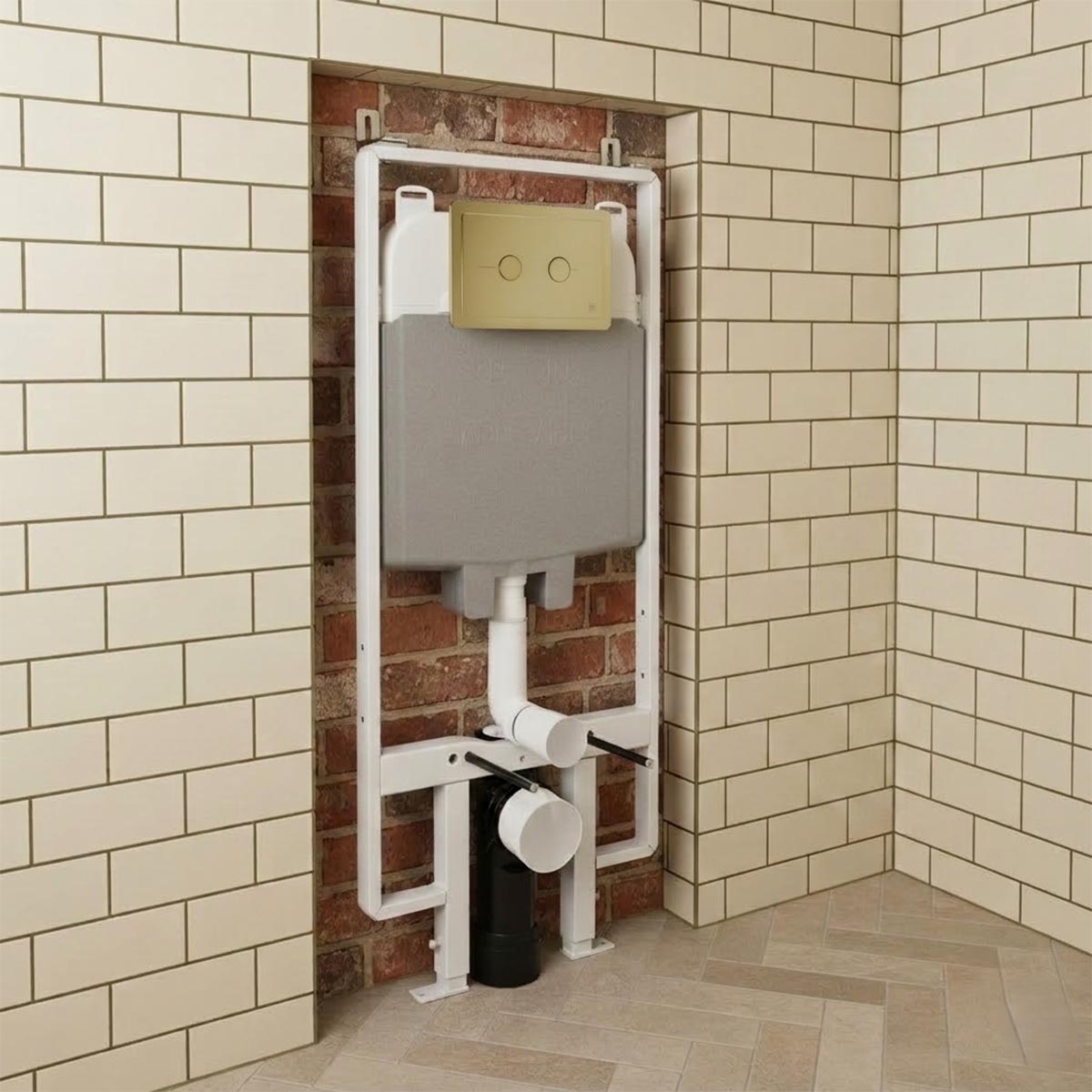 1.2m Slim concealed cistern with frame and antique brass flush plate