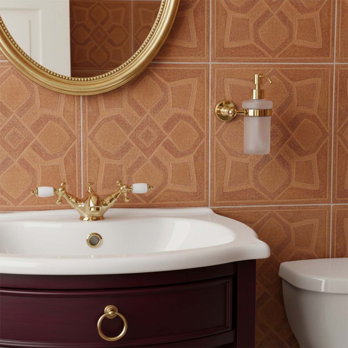traditional soap dispernser with frosted glass holder - shiny gold