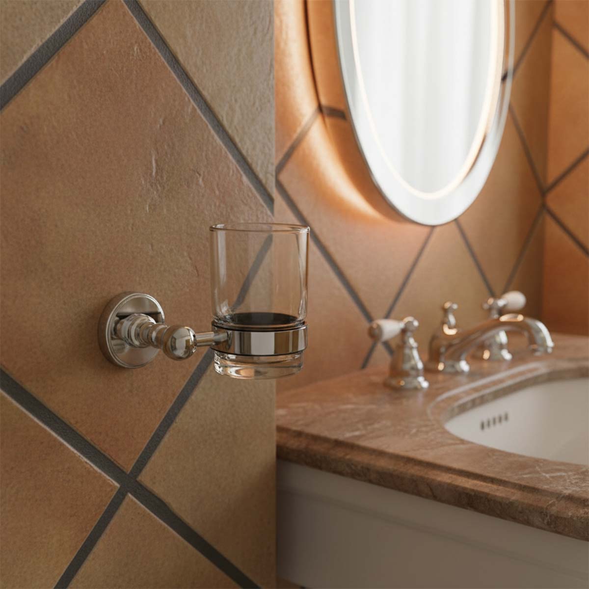 Victorian bathroom tumbler holder - chrome and glass