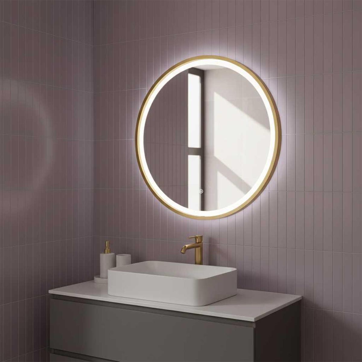 brushed gold framed circle bathroom mirror with LED lights