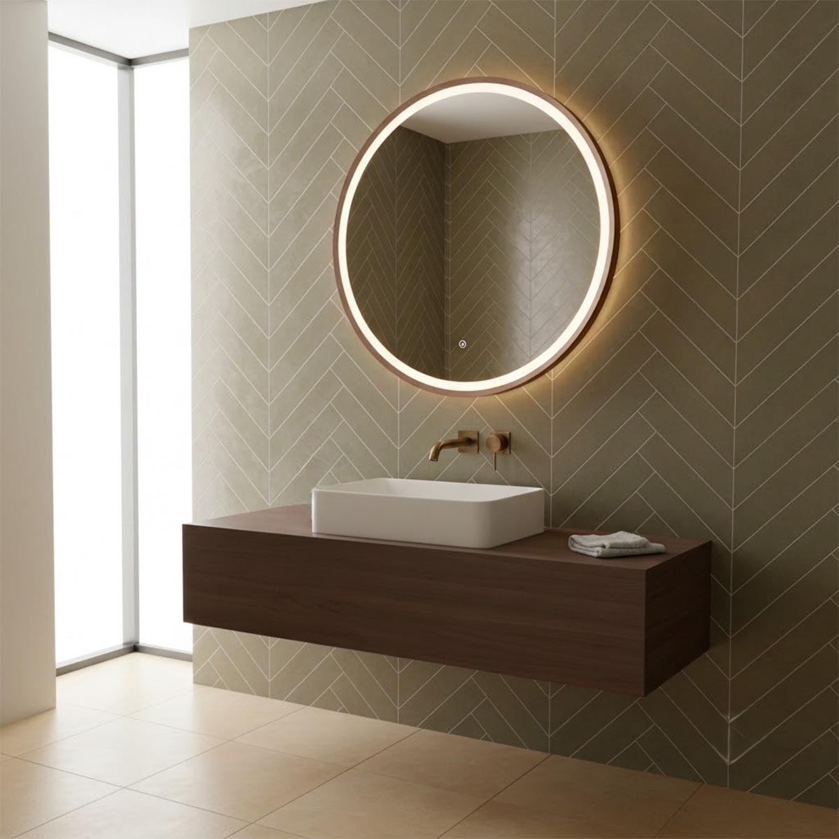 brushed bronze round illuminated bathroom mirror