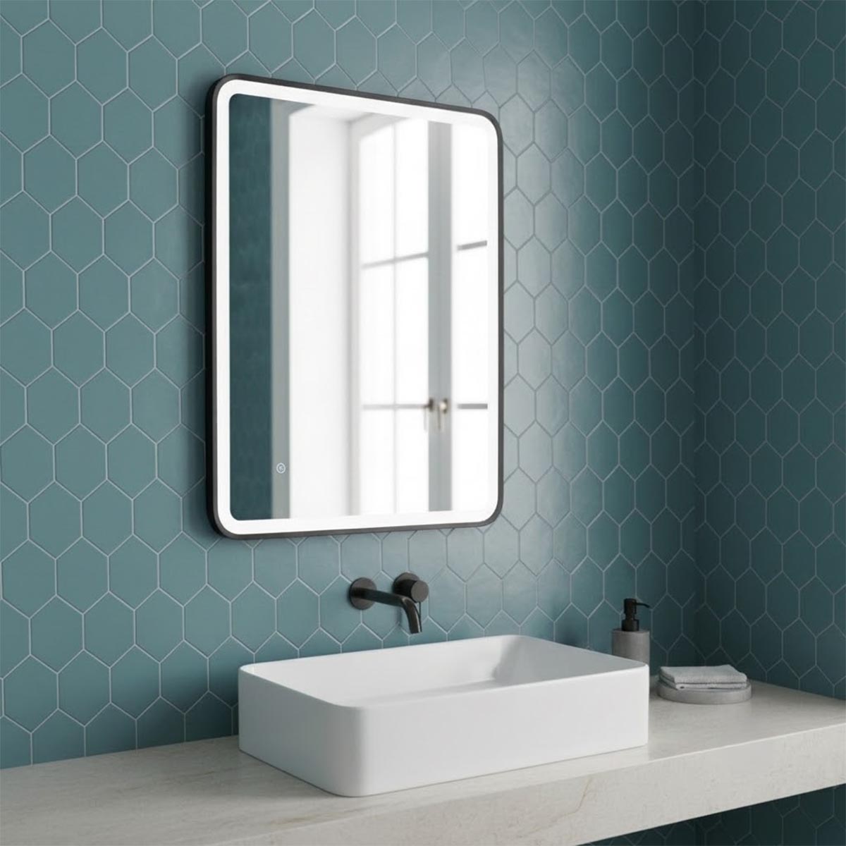 black framed rectangular illuminated bathroom mirror