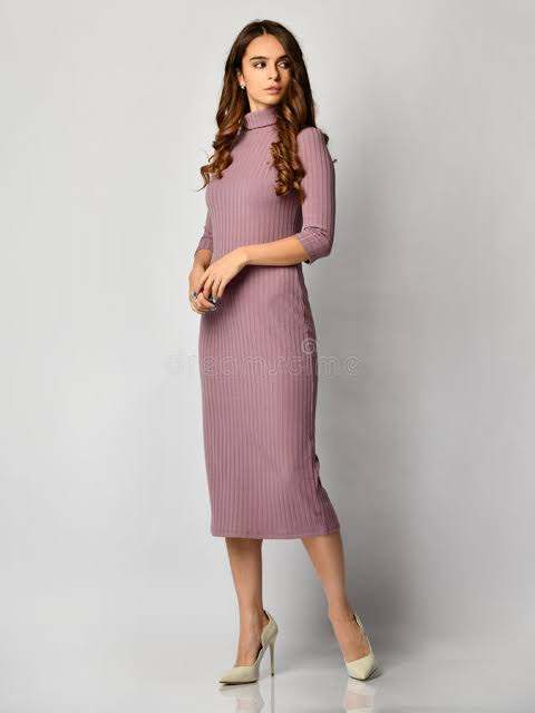 Women's Mauve Ribbed Knit High Neck Midi Bodycon Dress