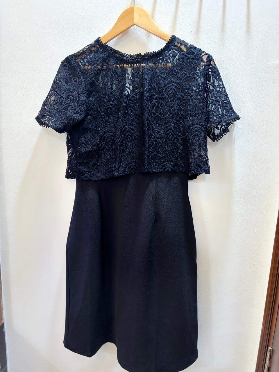 Women's Black Lace Overlay Shift Dress | Elegant Short Sleeve Round Neck Party & Evening Dress