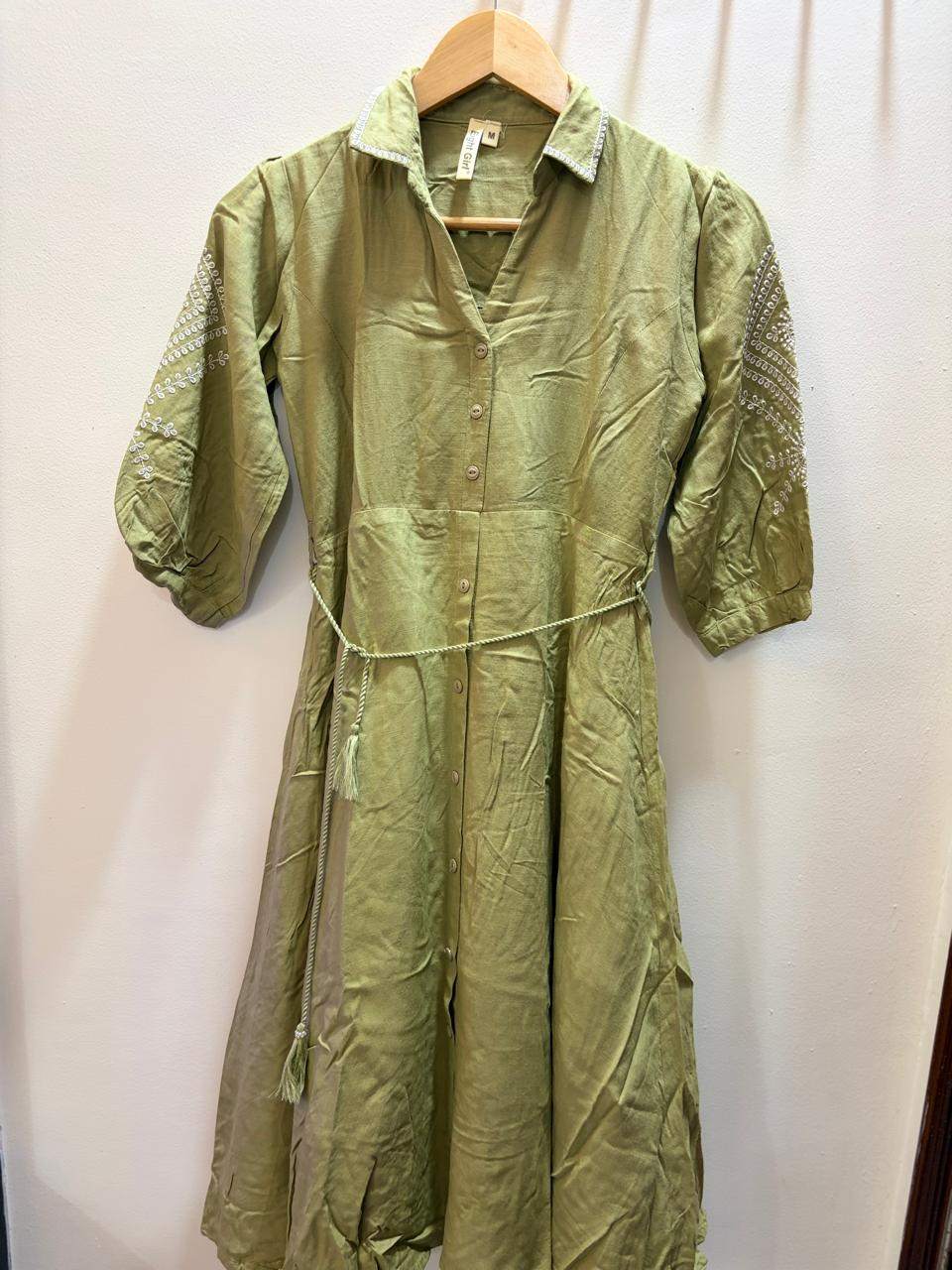 Women's Olive Green Embroidered Shirt Dress | Full Sleeve Button-Down Maxi Dress with Waist Tie